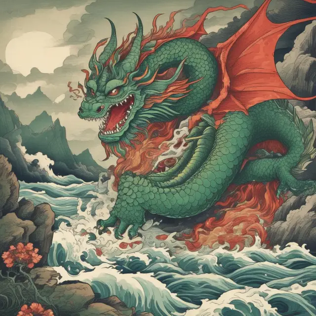 Interest rate impact on high-yield bonds: dragons symbolize bond issuers, ebbing tide=rising rates, flowing tide=economic expansion
