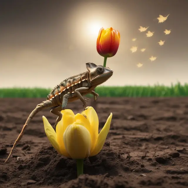 A chameleon transforms from green to brown, representing fallen angels. A tulip blooms in a muddy field, symbolizing rising stars.