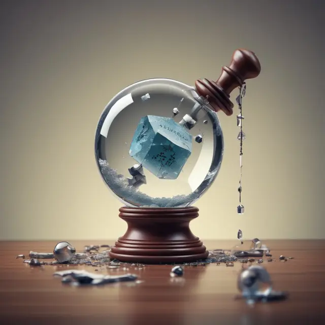 Regulator using a gavel to break a manipulated crystal ball displaying artificial closing prices, symbolizing regulatory intervention against high close manipulation.