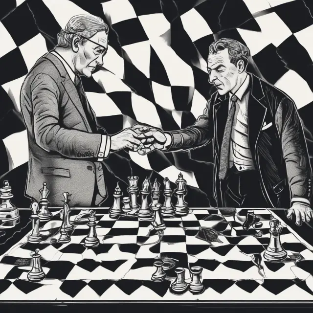 Hedge fund manager and institutional investor discussing manipulation tactics on a chessboard, symbolizing their role in preventing or succumbing to price distortions