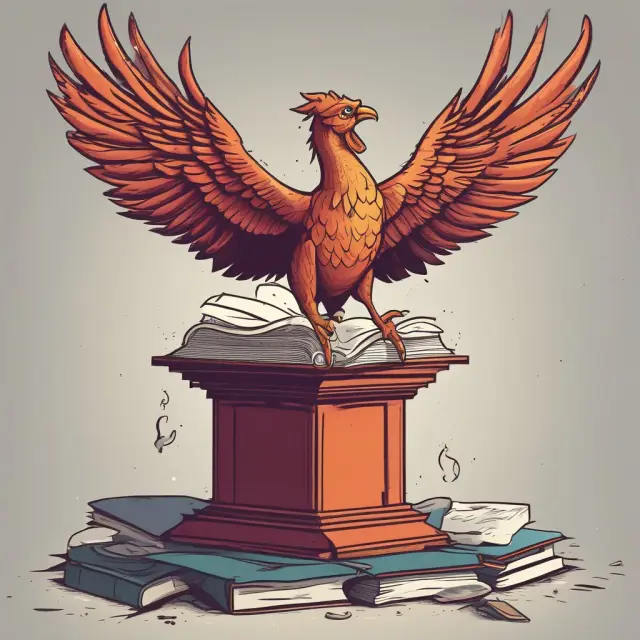 A phoenix rises from a stack of books and broken desks, signifying the transformation of under-resourced colleges with Title III support