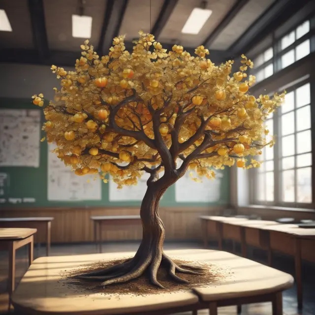 An apple tree adorned with golden apples represents the positive impact of Title V grants on teaching quality and student learning