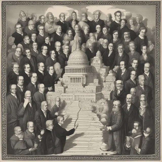 An image of politicians working together on a loom, crafting new laws for the Higher Education Act reauthorization with potential changes to student financial assistance and institutional funding.