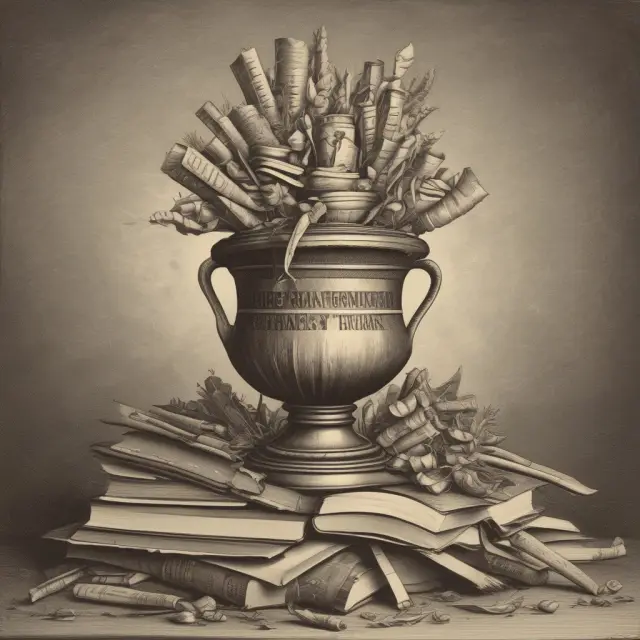 Amphora releasing books as seeds over a field of students, representing HEA