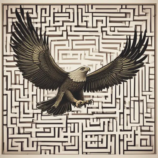 Golden eagle flying over retirement plans and labyrinth, representing HCE