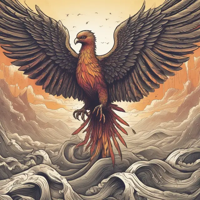A mythical phoenix emerging from a sea of debt, illustrating the risks and rewards of highly leveraged transactions