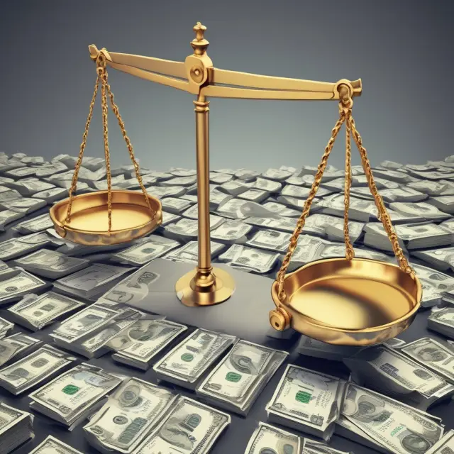 Golden company balanced on giant scales against a mountain of silver debt - Highly Leveraged Transactions