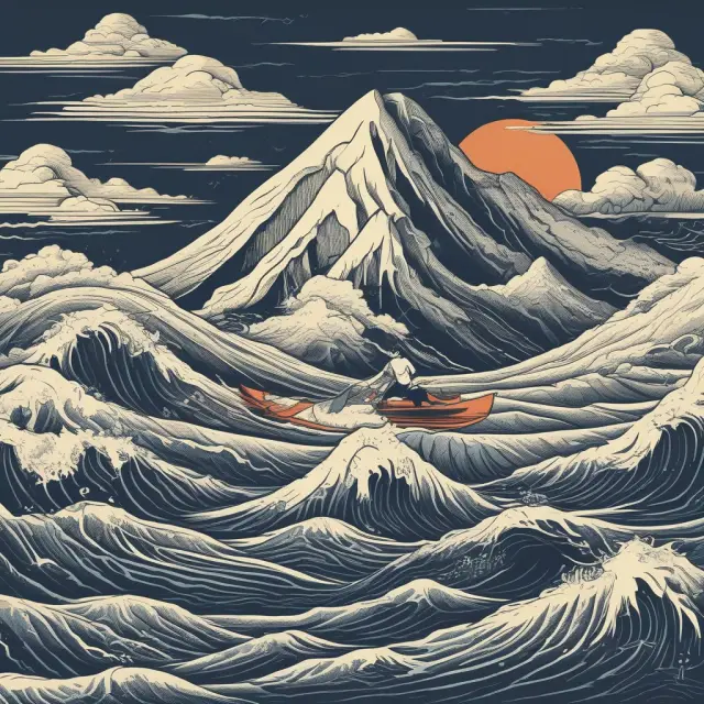 Fund manager navigating boat through waves, high-water mark represented by buoyant peak, hurdle rate symbolized by a towering mountain