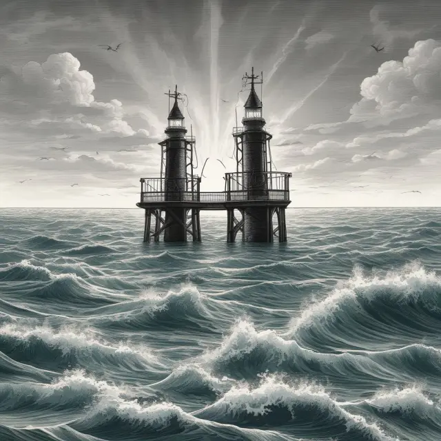 A high-water mark represented as a lighthouse guiding investors, signifying protection against double fees and motivation for fund managers to perform well