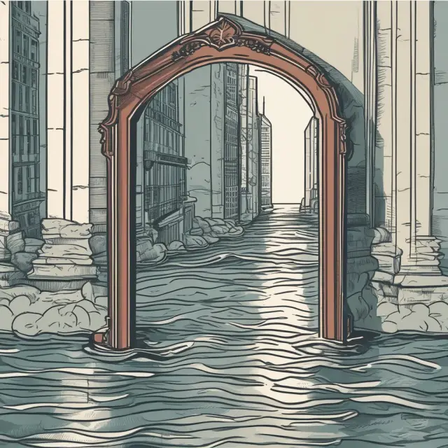 Mirror displaying waves of hedge funds, mutual funds, and private equity, representing gains and losses; the highest wave signifies the high-water mark