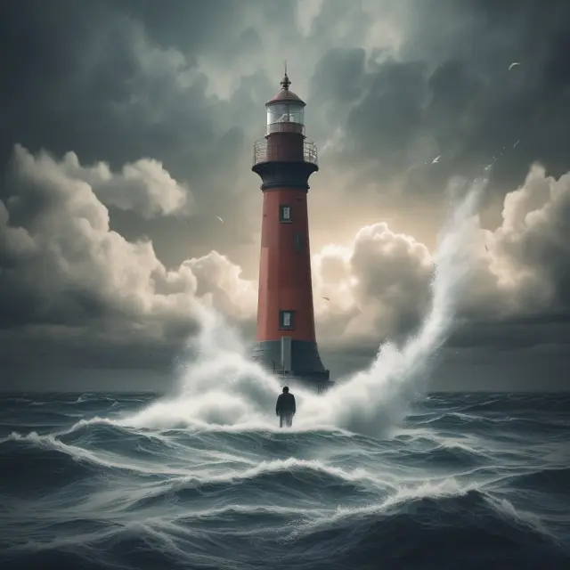 A fund manager steering a ship through wavy waters, with a beacon of light representing the high-water mark guiding them towards success