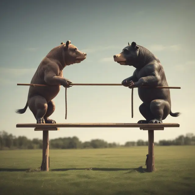 A bull and bear face each other on a seesaw, representing the bullish and bearish setups in financial markets