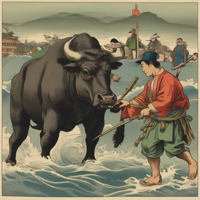 A Japanese fisherman with a hikkake lure, ensnaring a trader amidst a bull market