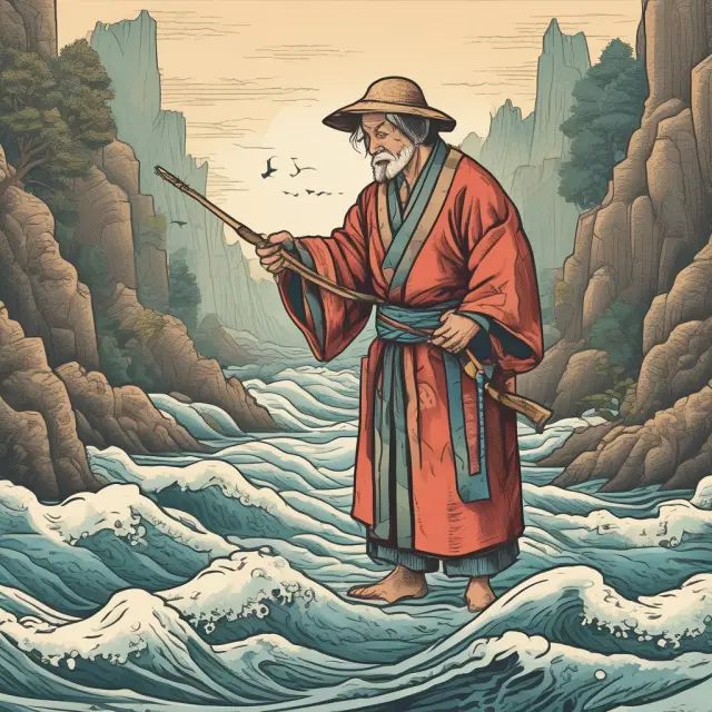 A wise Japanese fisherman with a cane, standing on a boat, casting a line into a tranquil sea filled with candlestick charts. A hikkake pattern emerges from the water, enticing him closer.