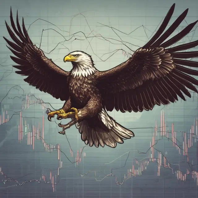 An eagle flying over the S&P 500 stock index with a negative McClellan Oscillator, depicting a potential sell signal based on the Hindenburg Omen conditions.