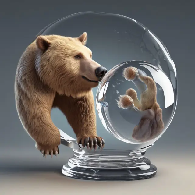 Trader analyzing the Hindenburg Omen with a bull bear paw, crystal ball, and various technical analysis tools such as moving averages, support and resistance lines, and McClellan Oscillator.