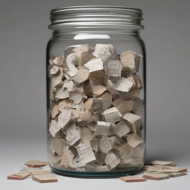 A memory jar containing fragmented memories with labels, reflecting the influence of hindsight bias on our perception of past events