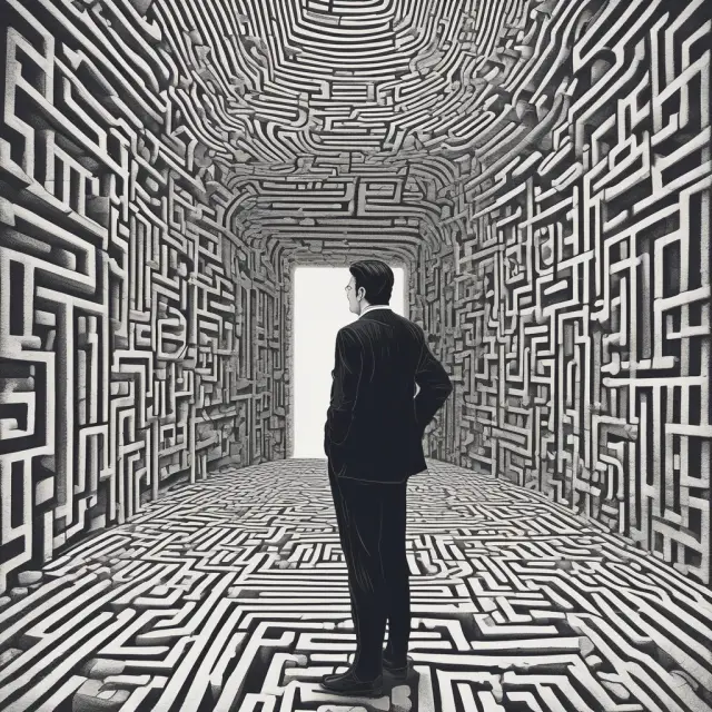 An investor studying various investment paths amidst a complex maze of financial reports to mitigate hindsight bias