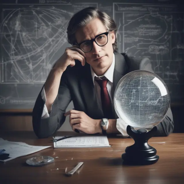 A business professional holding a crystal ball, analyzing various market graphs to understand the influence of hindsight bias on strategic decisions.