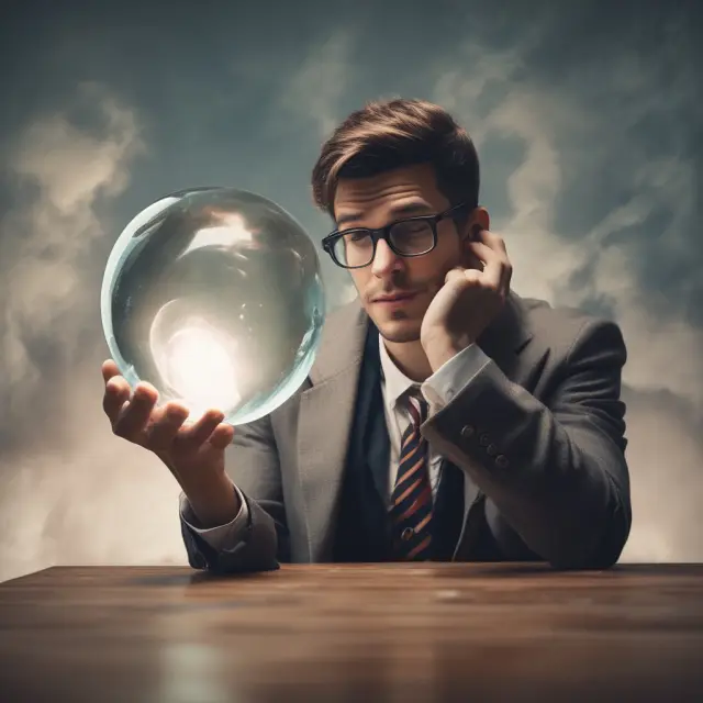 An investor in deep thought, examining past investment choices through the lens of a crystal ball, promoting critical thinking and reducing hindsight bias.
