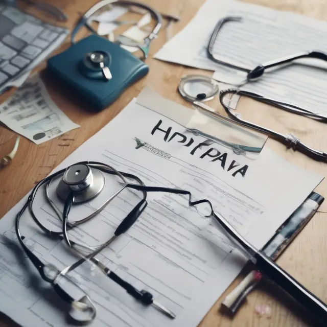 A key (power of attorney) unlocks a digital padlock (HIPAA regulations), granting access to confidential medical records in an emergency room setting.