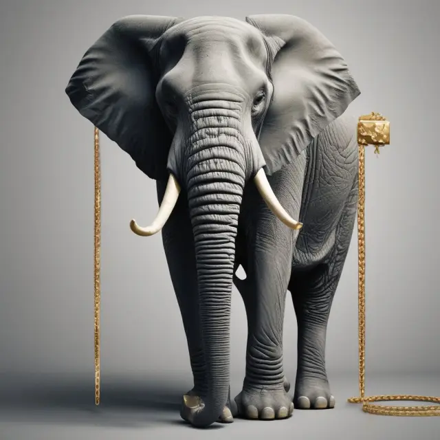 An elephant shackled to a heavy gold bar represents the added financial burden of hire purchase agreements, emphasizing their increased costs compared to outright asset ownership.