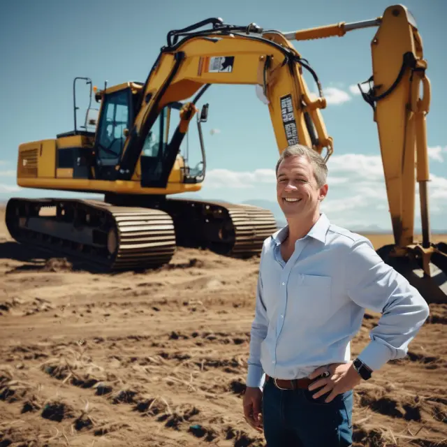John examines an excavator in a field, weighing capital against the machinery