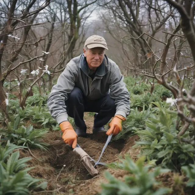AI holding a hoe while standing in a field of flowers and weeds, symbolizing hiring freeze during economic cycles