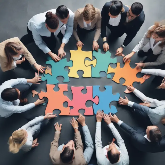 A vibrant, diverse mosaic of employees working together in unity, with transparent communication and work-life balance, illustrating morale preservation during a hiring freeze