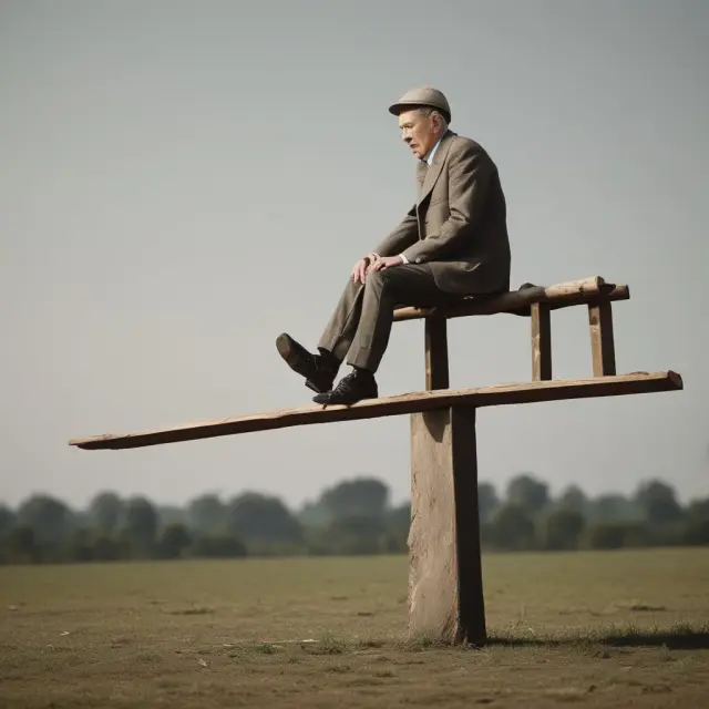 An investor balancing on a seesaw between historic pricing and market realities in mutual funds
