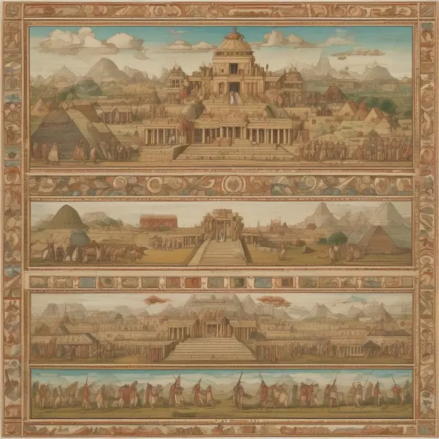 A dynamic timeline adorned with various historic structures representing significant persons, events, architectural styles, and prehistoric finds.