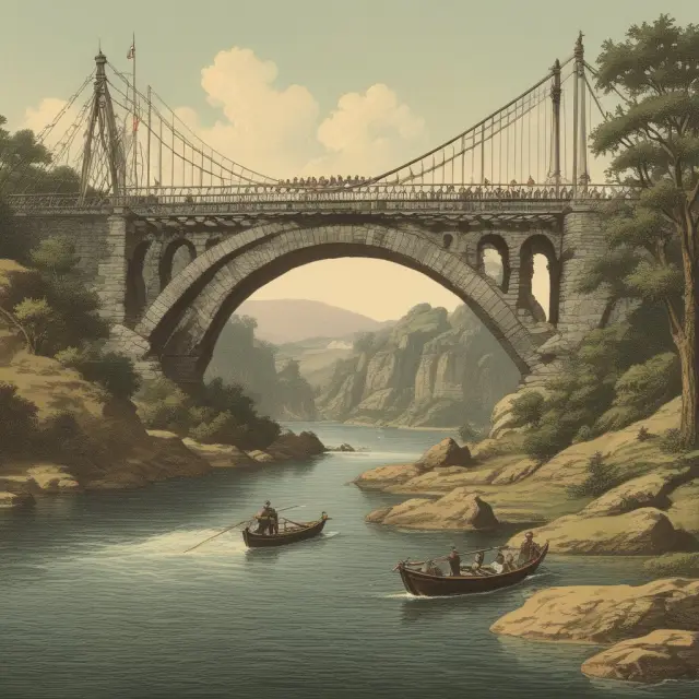A timeline bridge connects diverse historical structures: bridges, mines, ships, and religious buildings