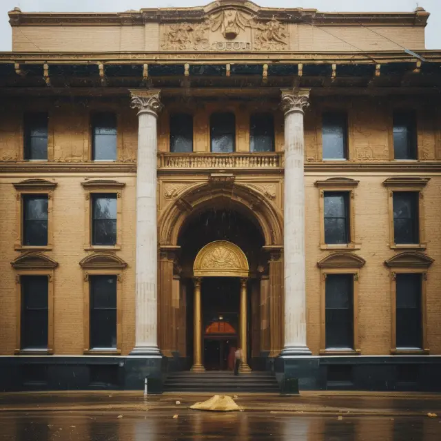 An image of a historic structure adorned with golden tax credits falling like raindrops, representing the monetary incentives for preserving these assets.