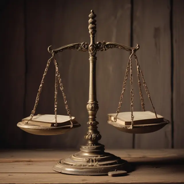 An image of an old, worn book sitting precariously atop a scale, with labels representing 