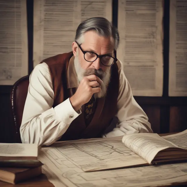 An analyst examines historical price charts to uncover investment trends and patterns using a time-travel device