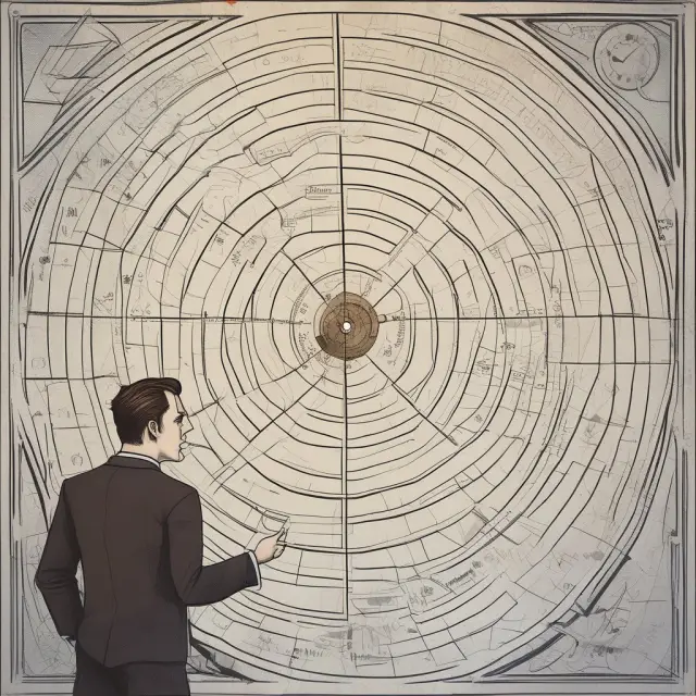 Institutional investor exploring historical volatility in a maze of market charts to assess investment risks and opportunities