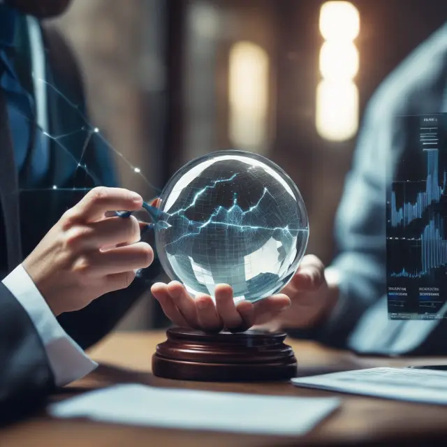 Investment manager examining historical volatility data to inform investment strategies, depicted by an individual studying a crystal ball filled with market chart symbols