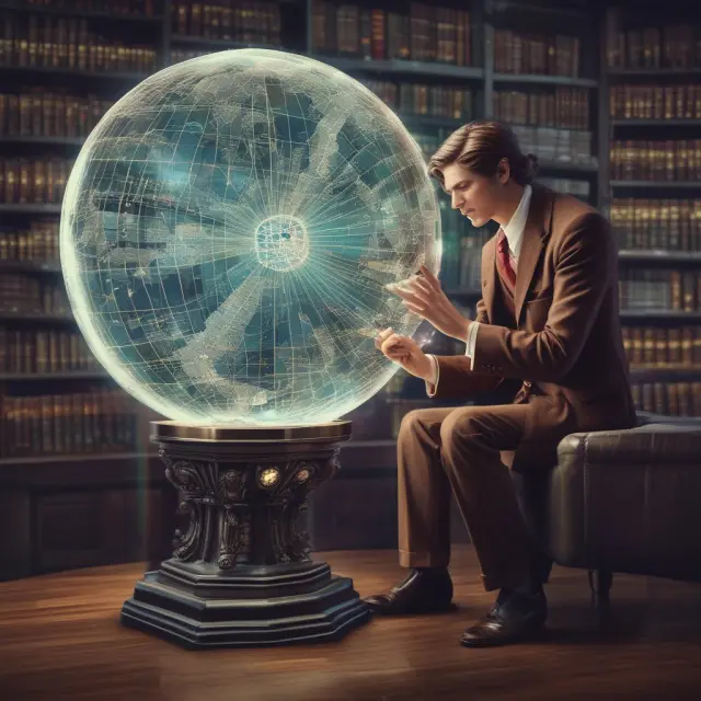 Time traveler exploring historical volatility trends using holographic crystal ball
