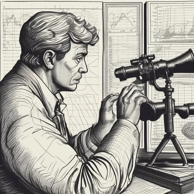 Trader analyzing market conditions using binoculars and evaluating the bid-ask spread