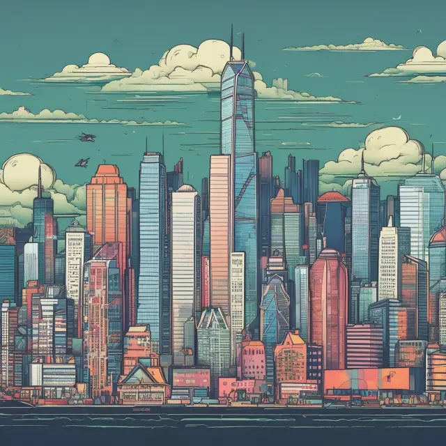 Scene of colossal market capitalization giants on a grand stage, representing companies listed at Hong Kong Exchanges and Clearing Limited