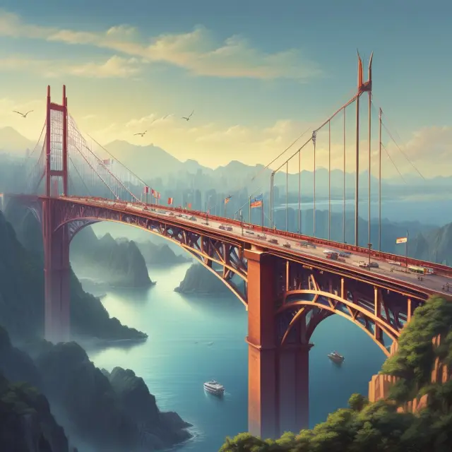 Bridge over turbulent waters, with China on one side and global markets on the other, representing HKEx