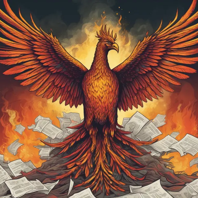 Image: A mythical phoenix bird rising from a pile of tax documents, representing HMRC