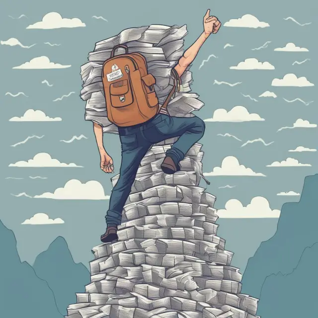 An artist climbing Mount IRS, burdened by a backpack of receipts and records to prove a profitable pursuit.