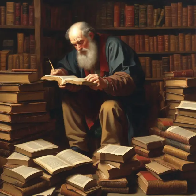 A scholarly figure reading IRS publications on hobby loss rules with a magnifying glass and notepad nearby
