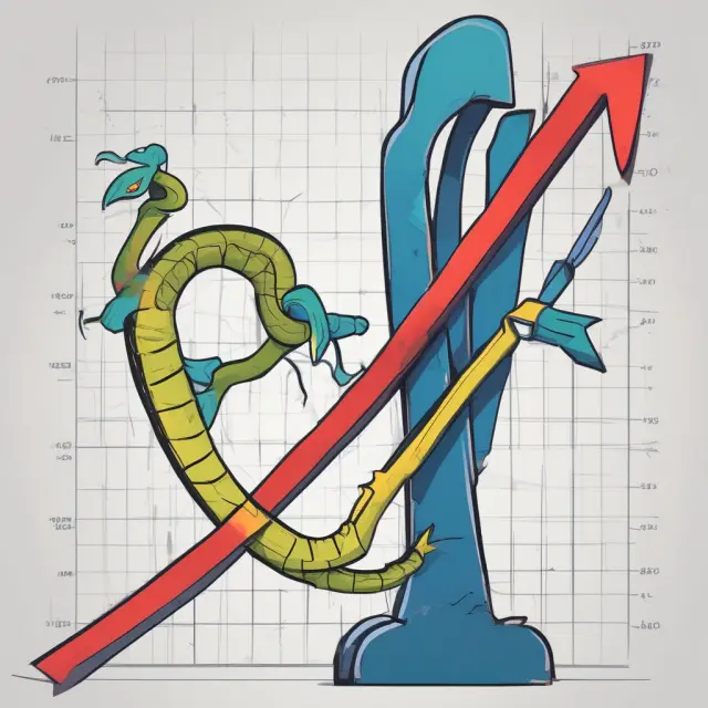 Two intertwined serpents scrutinizing a hockey stick chart, representing sales growth (blade) and expenses (shaft), emphasizing the importance of evaluating profitability in business