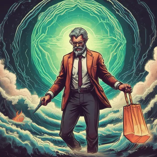 An investor holding onto a radiant crypto gem amidst turbulent market waters, symbolizing long-term commitment to cryptocurrencies