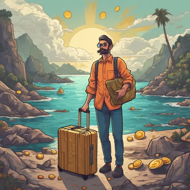 An individual holding on to a bag of gold coins during market turbulence on an island, symbolizing long-term investment strategy in crypto