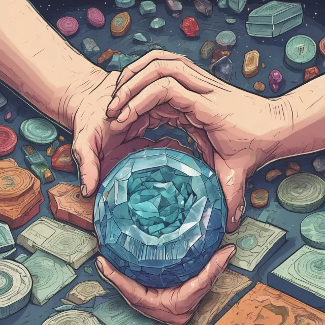 Image of a hand holding a gemstone while standing in front of crypto market charts, demonstrating the concept of long-term investment through the HODL strategy