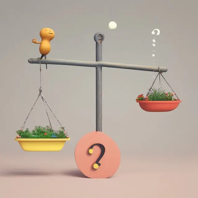 Seesaw illustrating the balance between traditional hierarchy and self-managed holacracy, with a question mark symbolizing challenges in adoption