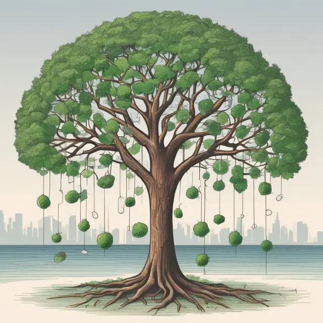 Visual metaphor of a holding company, where multiple branches symbolize controlled firms connected to a central trunk